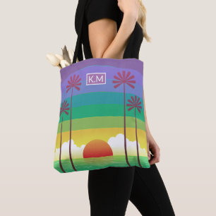Retro-Lila-Sonnenuntergang-Palmen-Kunst-Monogramm