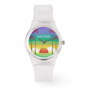 Retro-Lila-Sonnenuntergang-Palmen-Kunst personalis Armbanduhr