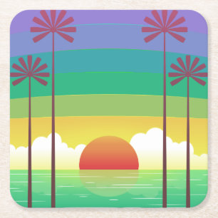 Retro-Lila-Sonnenuntergang-Palmen-Kunst Rechteckiger Pappuntersetzer