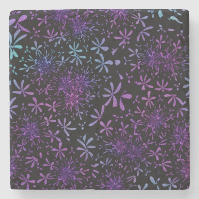 Retro Lila Türkis Floral Batik Steinuntersetzer (Vorderseite)