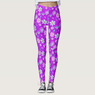 Retro-Lila- und Blaublumen der 1970er Jahre Leggings
