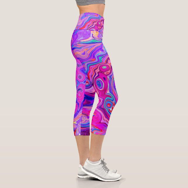 Retro Lila und Orange Abstrakt Groovy Swirl Capri Leggings (Rechts)