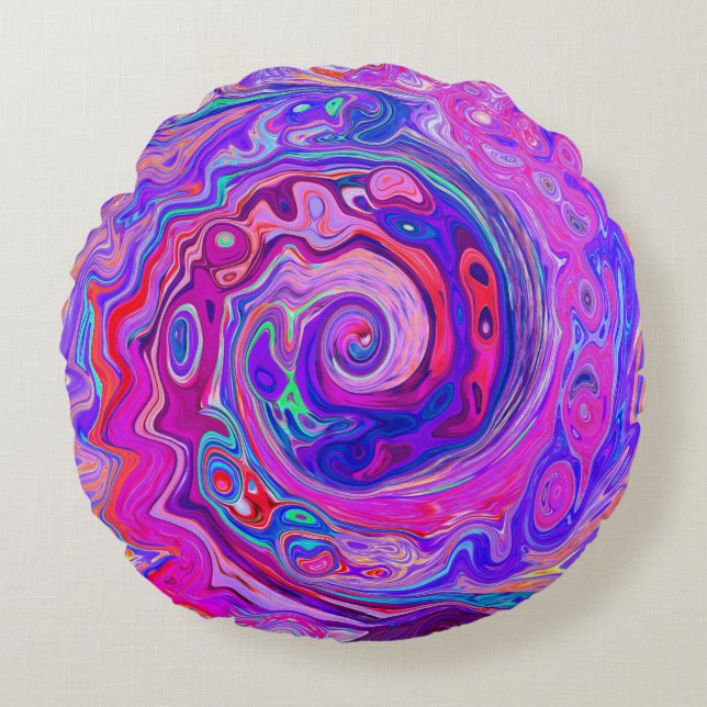 Retro Lila und Orange Abstrakt Groovy Swirl Rundes Kissen (Vorderseite)