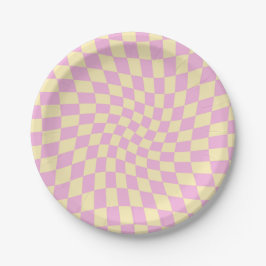 Retro Lilac Peach PInk Karo Warped Checkerboard Pappteller