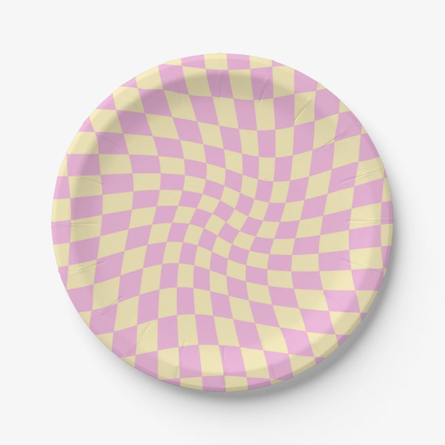 Retro Lilac Peach PInk Karo Warped Checkerboard Pappteller (Vorderseite)