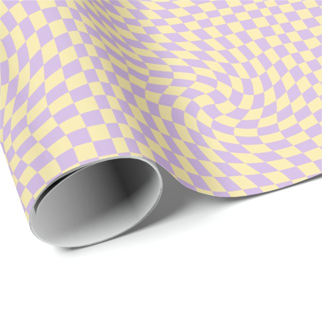 Retro Lilac Yellow Paston Warped Checkerboard Geschenkpapier (Rolleneckpunkt)