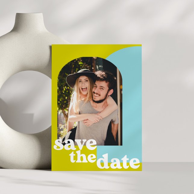 Retro Limon Blue Geometric Couple Foto Hochzeit Save The Date (Von Creator hochgeladen)
