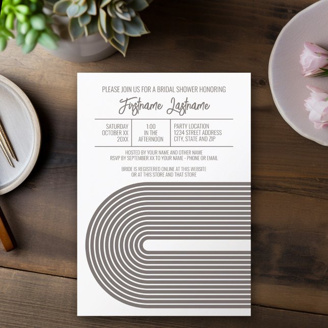 Retro Line Art Bridal Shower Party Champagne Color Einladung (Mod, Modern Bridal Shower Invitation - Retro Line Arch Design)
