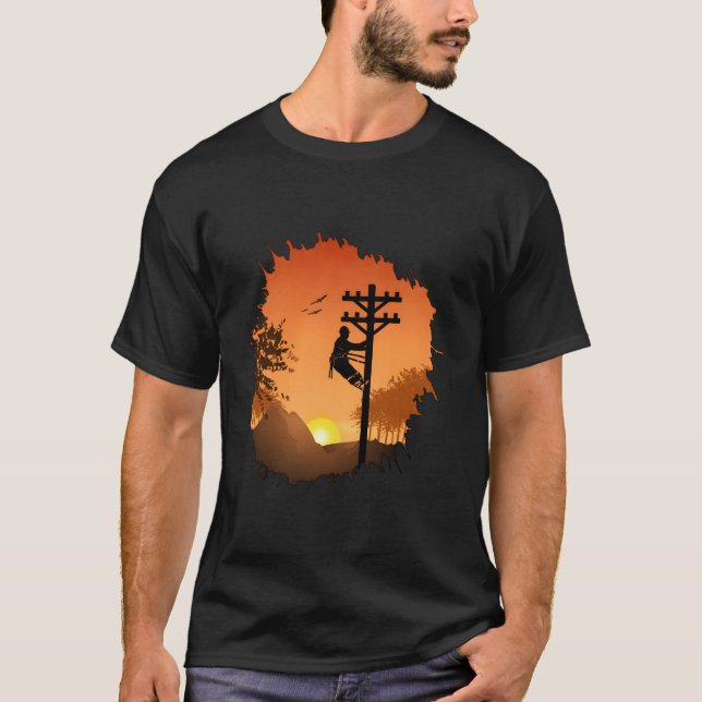 Retro Lineman Sunset Pater Men Electric Cable Lin T-Shirt (Vorderseite)