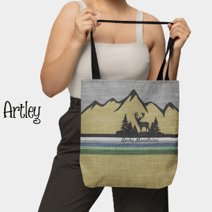Retro Linen Texture Nature Mountain Scene Deer