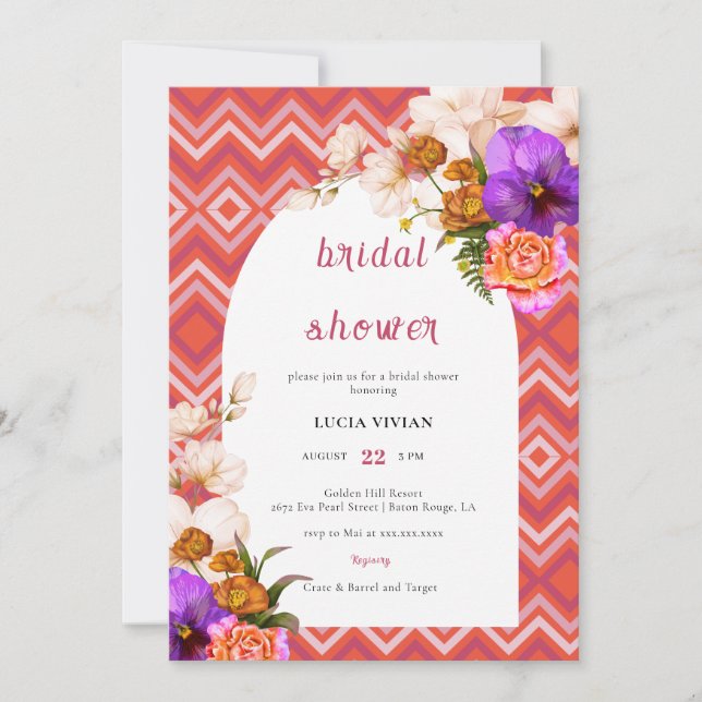 Retro Lines Floral Magenta Fuchsia Brautparty Einladung (Vorderseite)