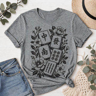 Retro Linolschnitt Mahjong Blumenfliese Tri-Blend Shirt