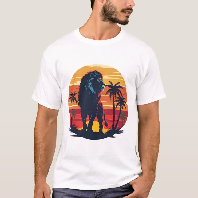 Retro Lion Sunset T - Shirt Vintag Wildlife Graphi (Vorderseite)