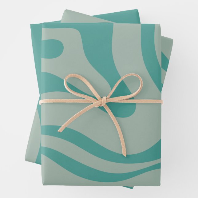 Retro Liquid Swirl Abstraktes Muster Aquamarin Geschenkpapier Set (Beispiel)