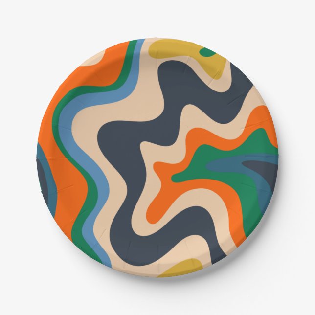 Retro Liquid Swirl Abstraktes Muster Blau Orange Pappteller (Vorderseite)
