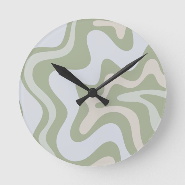 Retro Liquid Swirl Abstraktes Muster in Sage Green Runde Wanduhr (Vorderseite)