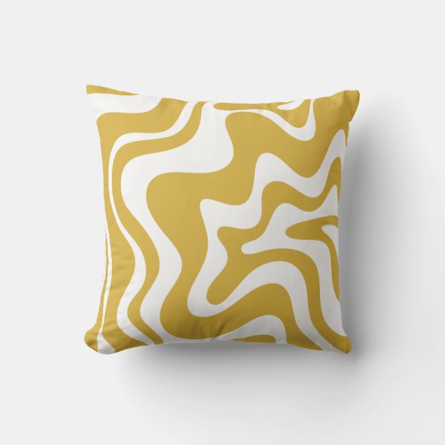 Retro Liquid Swirl Abstraktes Muster Mustard White Kissen (Vorderseite)