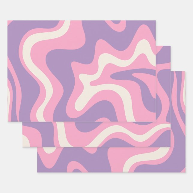 Retro Liquid Swirl Groovy Abstrakt Lila rosa Geschenkpapier Set (Set)