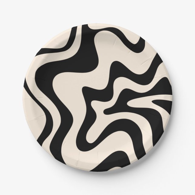Retro Liquid Swirl Modernes Abstraktes Muster Schw Pappteller (Vorderseite)