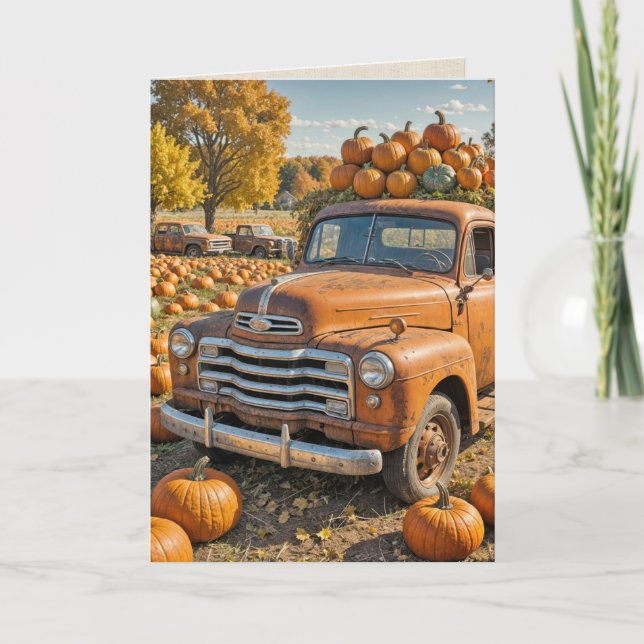 Retro-LKW mit Pumpkins für den Erntedank Dank Dankeskarte (Vorderseite)