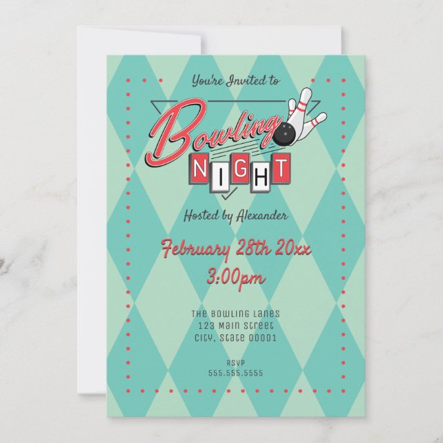 Retro Logo-Bowlings-Nachteinladung Einladung (Vorderseite)