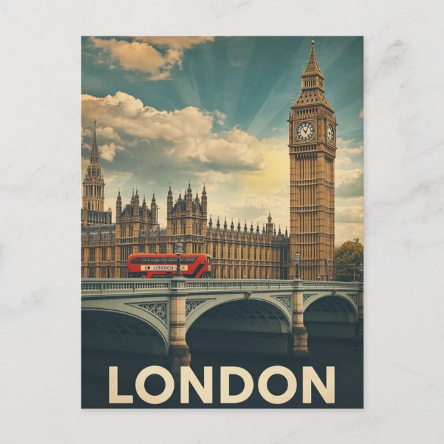 Retro London Big Ben und Bus Postkarte (Vorderseite)