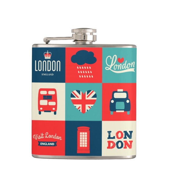 Retro London Collage Flasche Flachmann (Vorderseite)