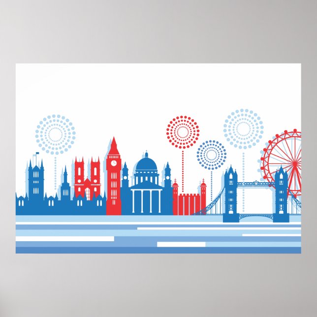 Retro London Skyline mit Fireworks Poster (Vorne)