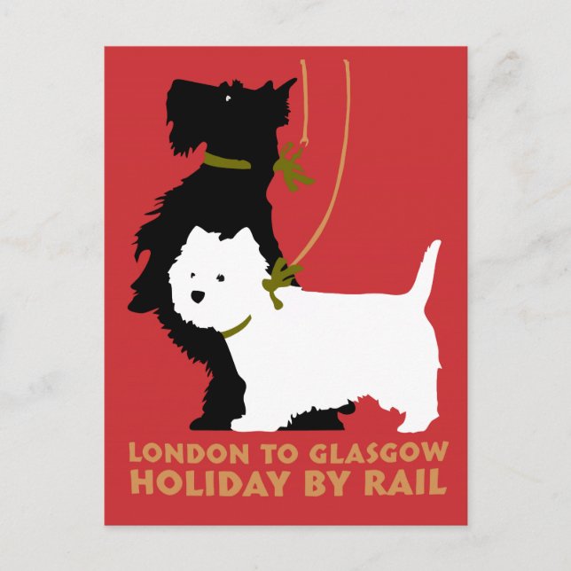 Retro London und Glasgow mit dem Zug, Hunde Terrie Postkarte (Vorderseite)