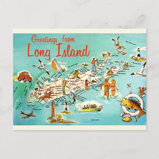 Retro Long Island Map Postkarte (Vorderseite)