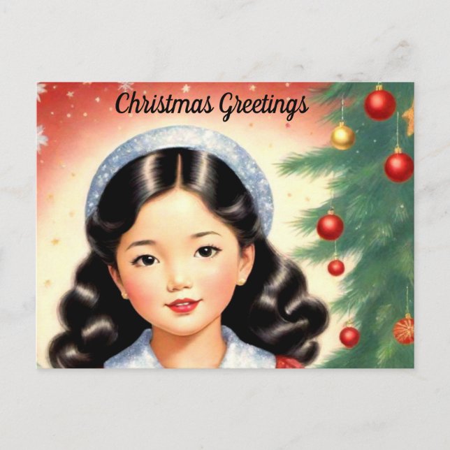 Retro Look Weihnachts Postkarte mit Mädchen (Vorderseite)