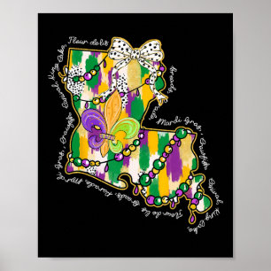 Retro Louisiana Karte Mardi Gras Coquette Bow Fat  Poster