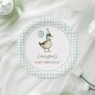 Retro Lucky Duck Salbeigrün Gingham 1. Geburtstag Pappteller