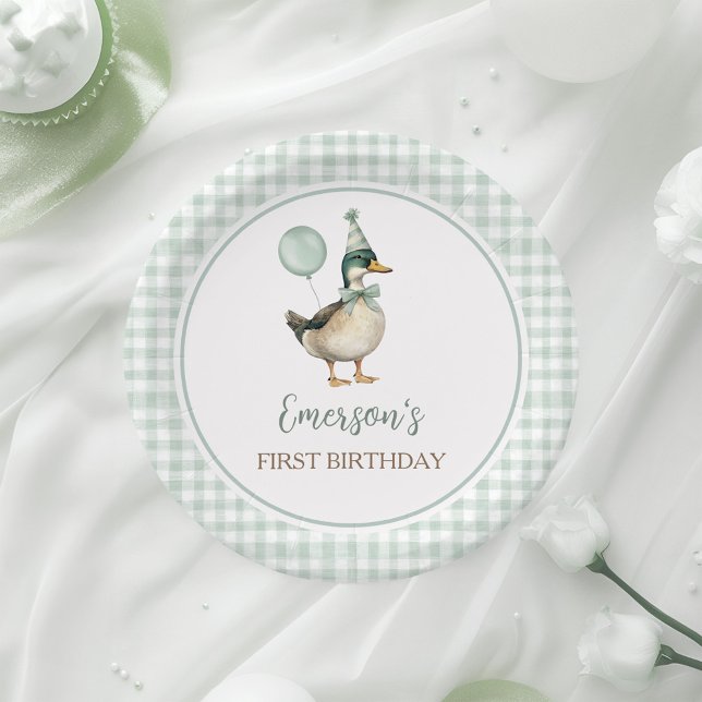 Retro Lucky Duck Salbeigrün Gingham 1. Geburtstag Pappteller (Von Creator hochgeladen)