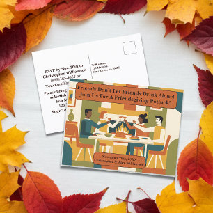 Retro-lustige Friendsgiving-Potluck-Anstossen Feiertagspostkarte