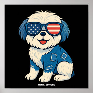Retro-lustiger Denim-Patch Süßes Hundedesign Poster