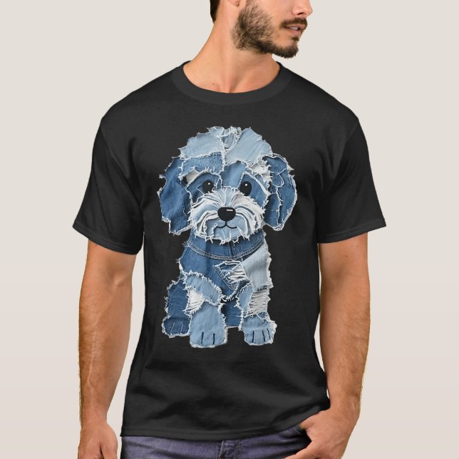 Retro lustiger Denim-Patch Tier-Hund-Druck  T-Shirt (Vorderseite)