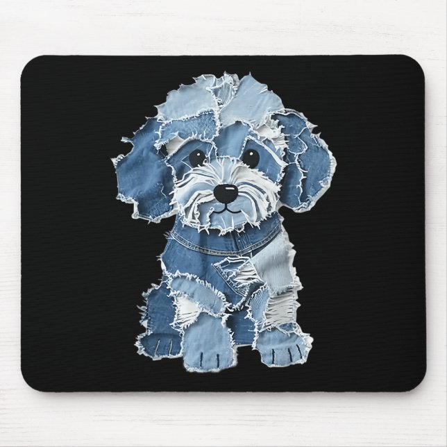 Retro lustiger Denim-Patch Tier-Hundedruck  Mousepad (Vorne)