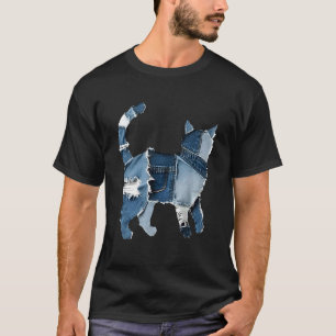 Retro lustiger Denim-Patch Tier Katze Druck Katze T-Shirt