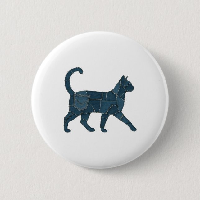 Retro lustiges Denim-Patch-Tier-Katz-Shirt Button (Vorderseite)