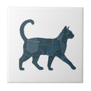 Retro lustiges Denim-Patch-Tier-Katz-Shirt Fliese