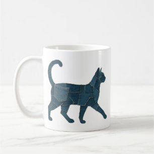 Retro lustiges Denim-Patch-Tier-Katze-T-Shirt Kaffeetasse