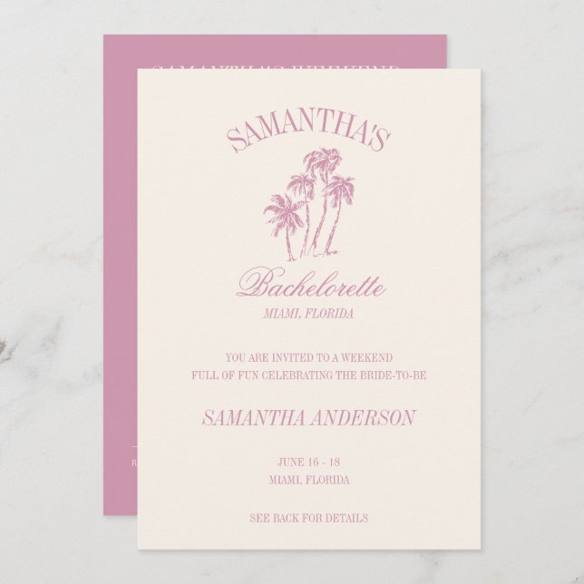 Retro Luxe Pink Palms Bachelorette Logo Girls Trip Einladung (Vorne/Hinten)