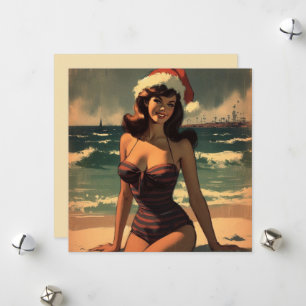 Retro-Mädchen am Strand mit Santa-Hut Retro-Pin-Up Feiertagskarte