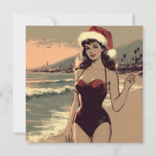 Retro-Mädchen am Strand mit Weihnachtsmannmütze Pi Feiertagskarte
