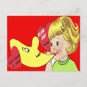 Retro-Mädchen bläst Luftballon Valentinstagskarte Feiertagspostkarte