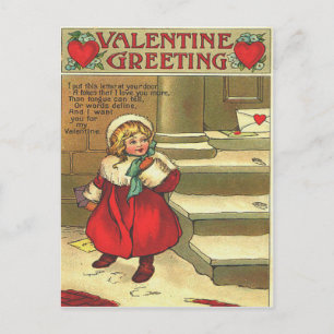 Retro-Mädchen hinterlässt Valentinskarte auf der T Feiertagspostkarte