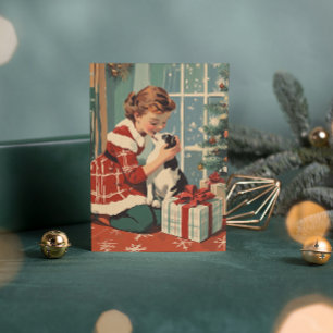 Retro Mädchen Hund Weihnachtsbaum Vintage Weihnach Feiertagskarte