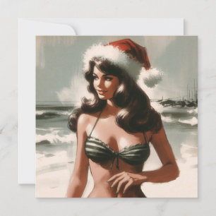 Retro-Mädchen im Bikini und Santa-Hut Retro Pin Up Feiertagskarte