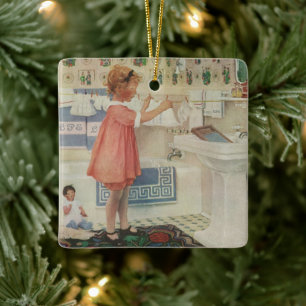 Retro-Mädchen, Kind beim Wäschewaschen und Aufhäng Keramikornament